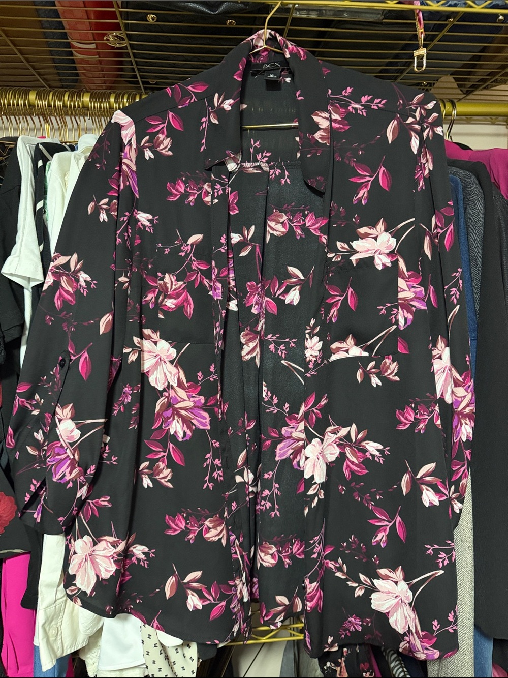 BCX Black Blouse with Pink & Magenta Floral Print